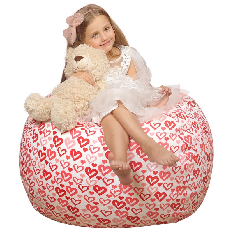 WEKAPO Stuffed Animal Storage Bean Bag Chair Cover for Kids | Stuffable Zipper Beanbag for Organizing Children Plush Toys Large Premium Cotton Canvas (Heart  X-Large) - Image 1